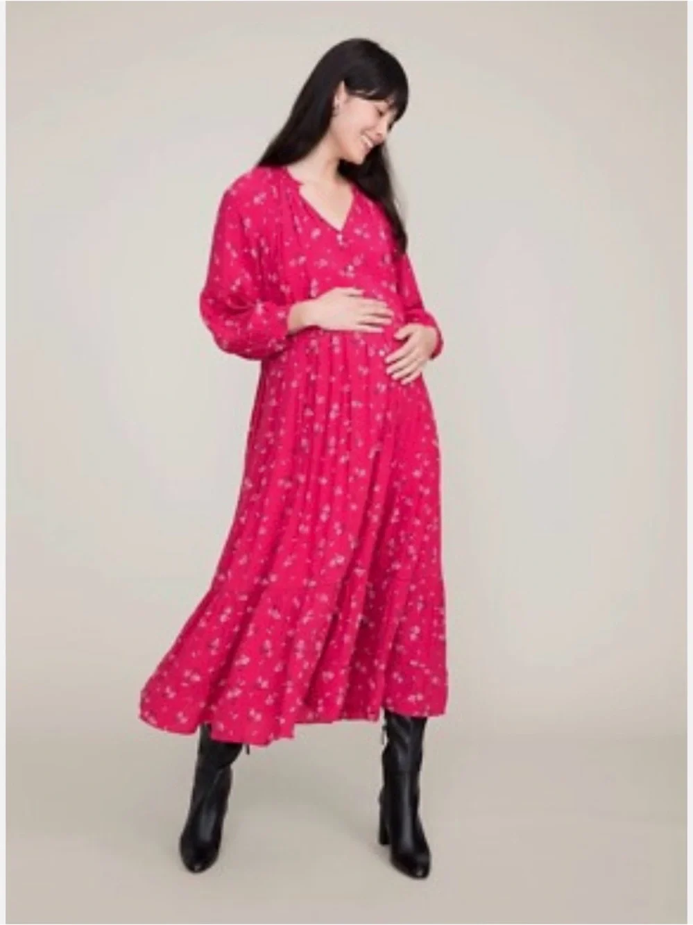 Floral V-Neck Midi Dress in Rose Red